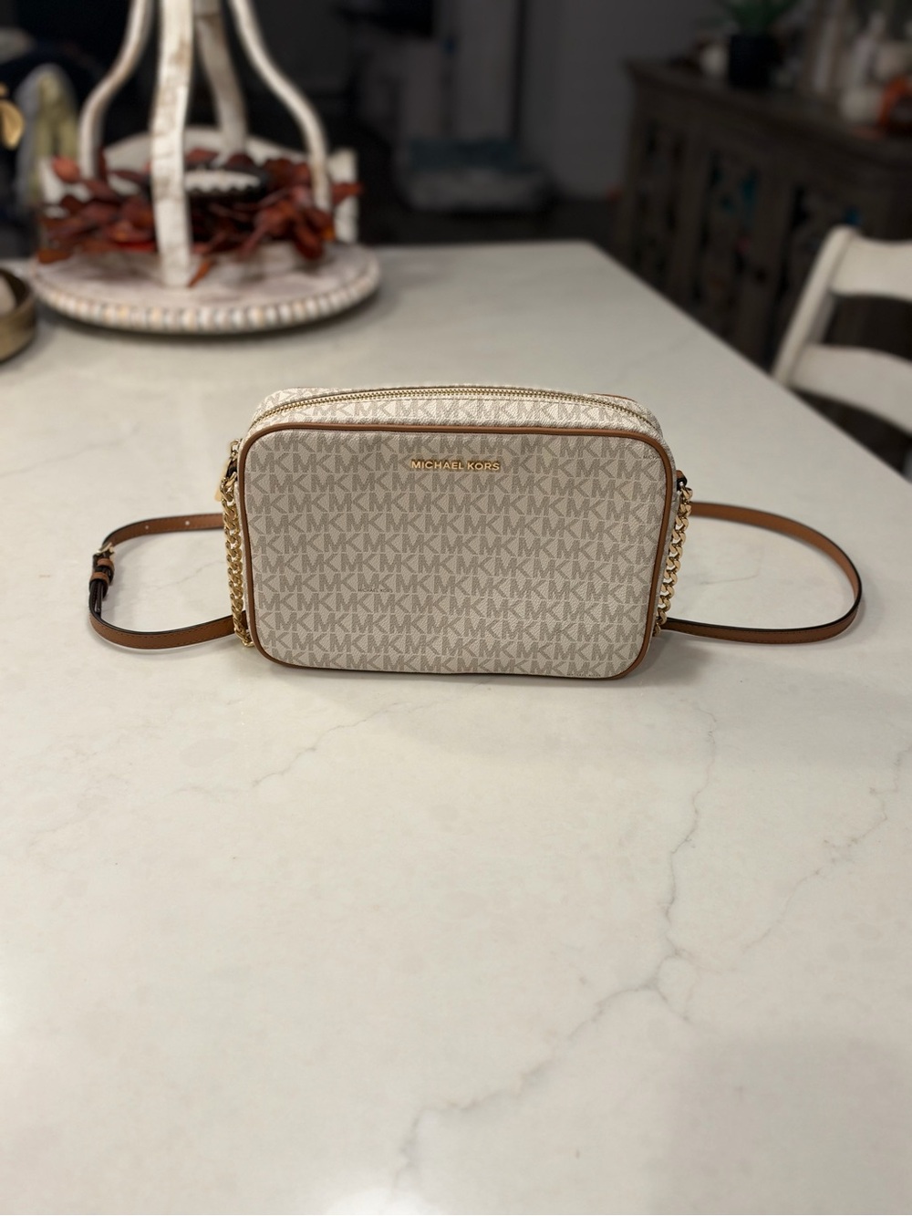 Michael Kors Beige Logo Crossbody with Brown Trim and Gold Hardware